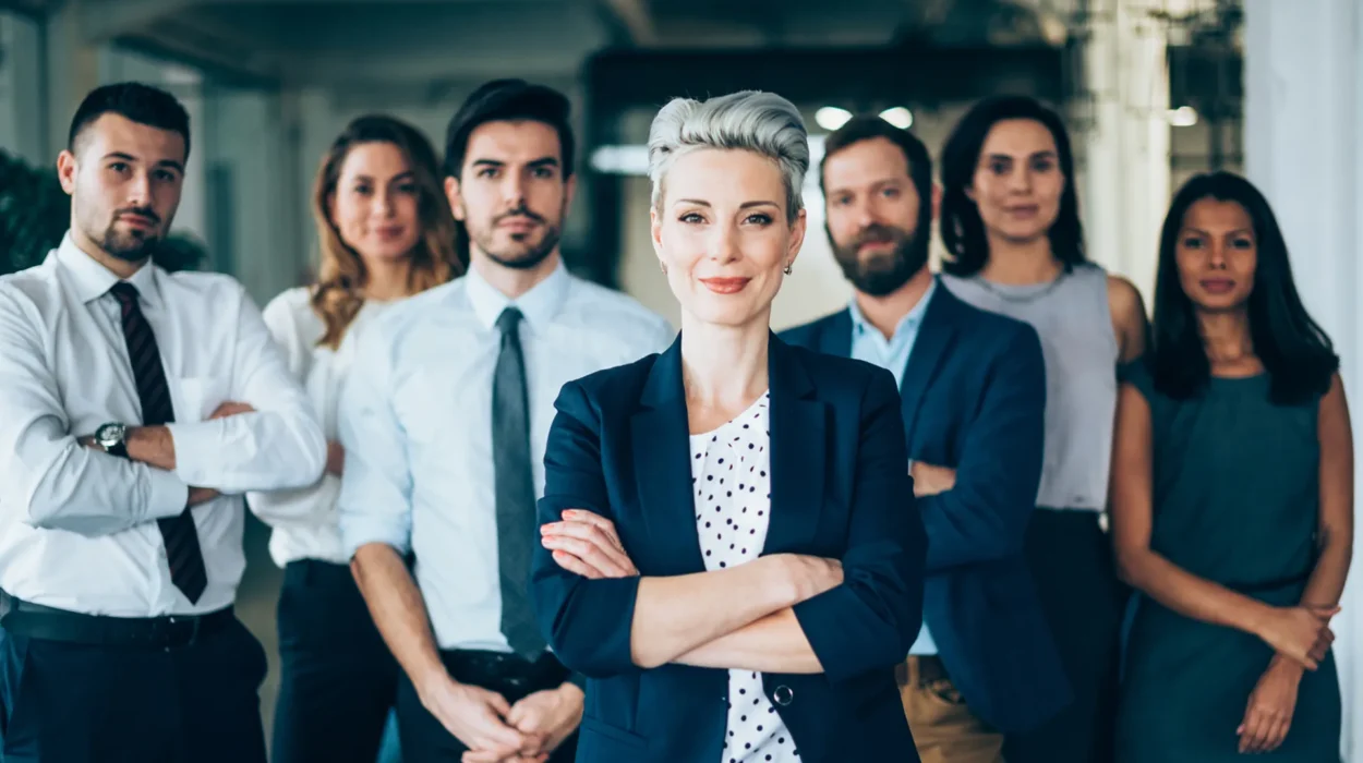 Grupo de líderes empresariales de pie en una oficina