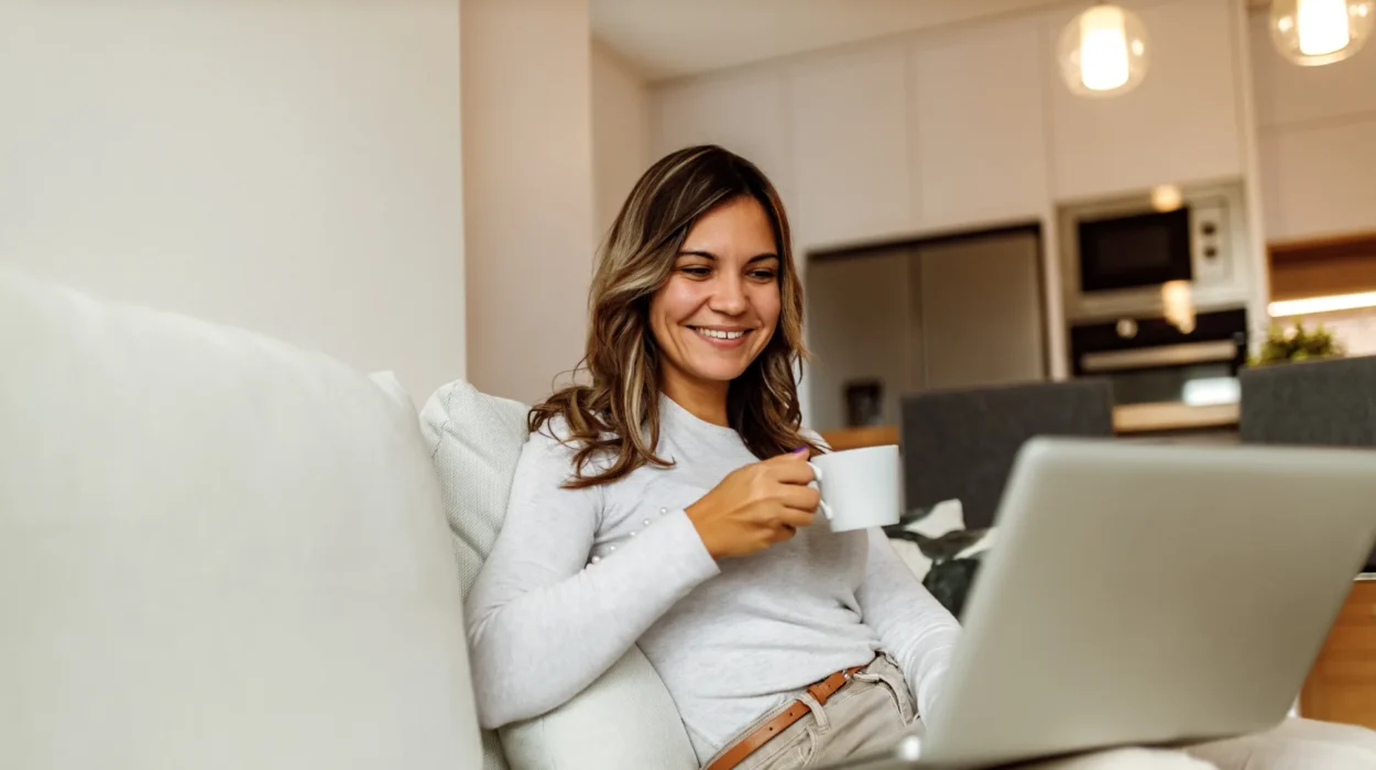Mujer sonriente con una taza estudiando en su portátil desde casa